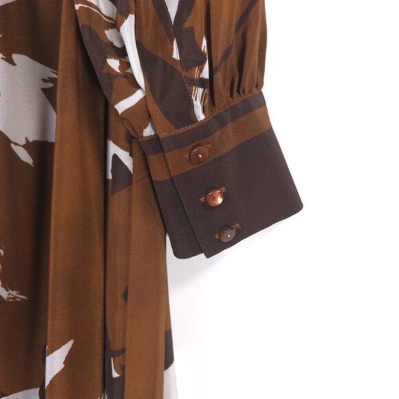 MaxMara Studio 100% SILK Floral Neck Tie Midi Dress Brown No Size Tag L / XL - Picture 12 of 14
